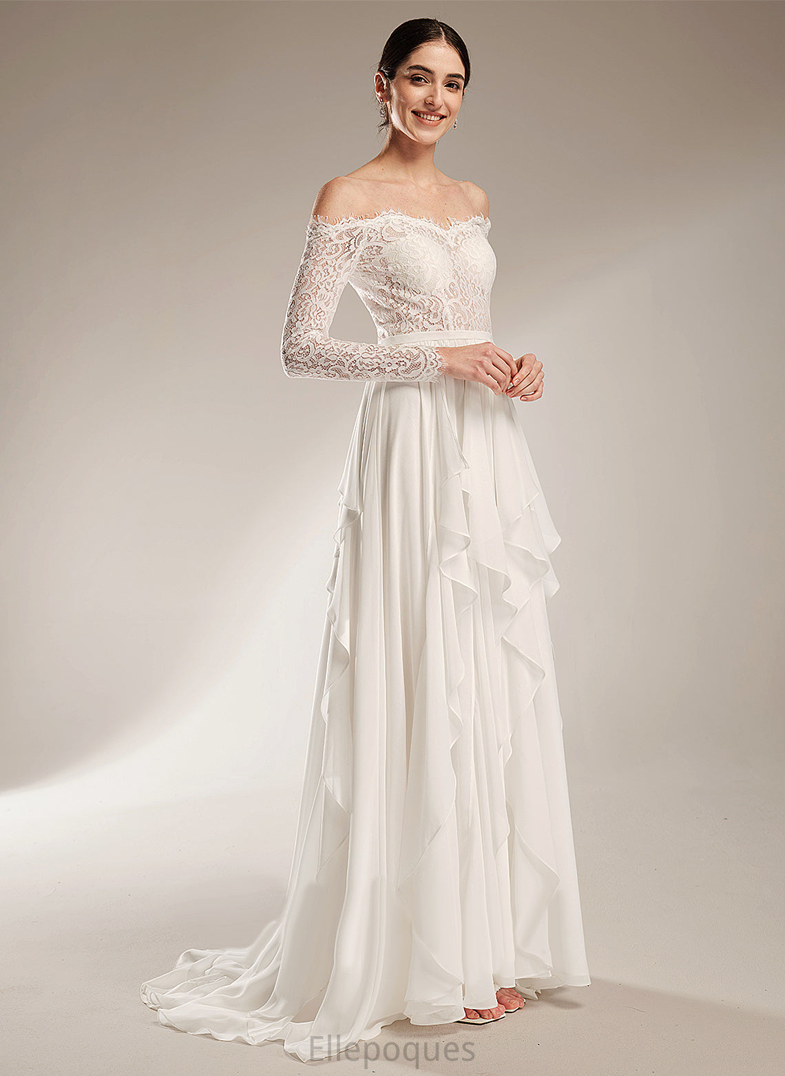 Ruffle Court Dress A-Line Chiffon Off-the-Shoulder Wedding Dresses Wedding Lace With Alissa Train