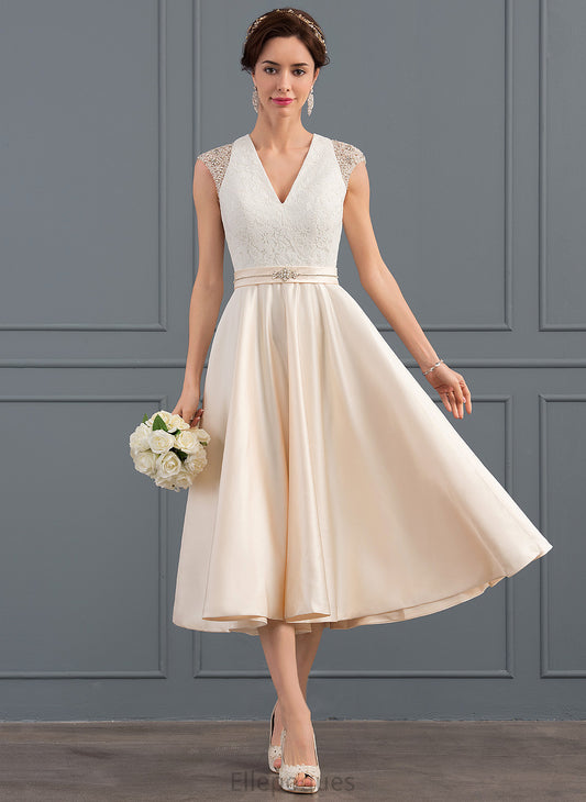 Dress Wedding Dresses Athena Lace V-neck Tea-Length Wedding Satin Sequins With A-Line Beading