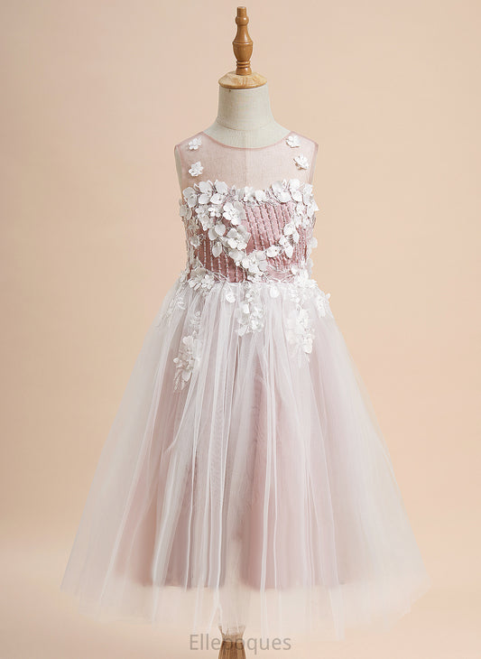 With A-Line Scoop Flower Girl Dresses - Tea-length Tulle Hilda Lace/Beading/Flower(s) Girl Neck Dress Sleeveless Flower