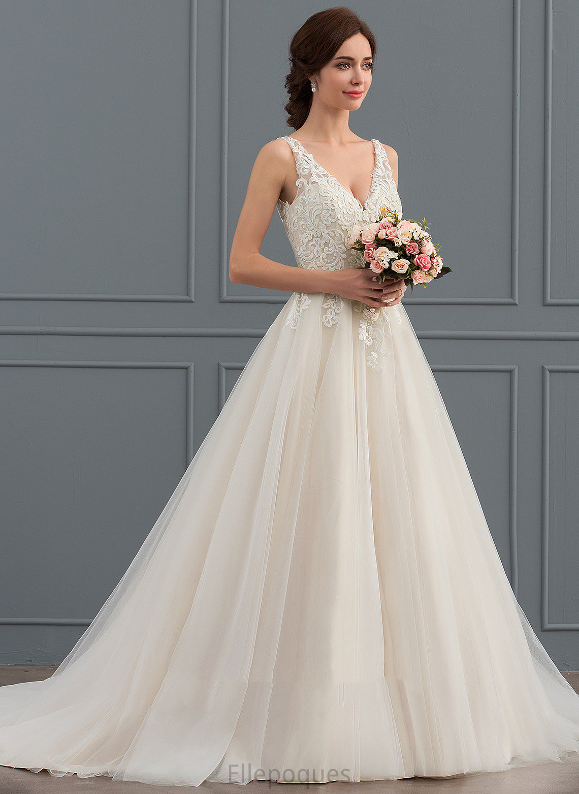 Ball-Gown/Princess Delilah Lace V-neck Wedding Dresses Wedding Train Dress Tulle Court