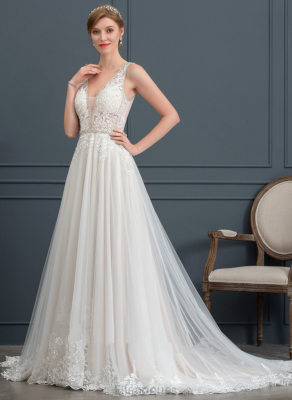 Lace Court Beading V-neck Wedding Dresses Train Tulle Sequins With Ball-Gown/Princess Wedding Dress Kenzie