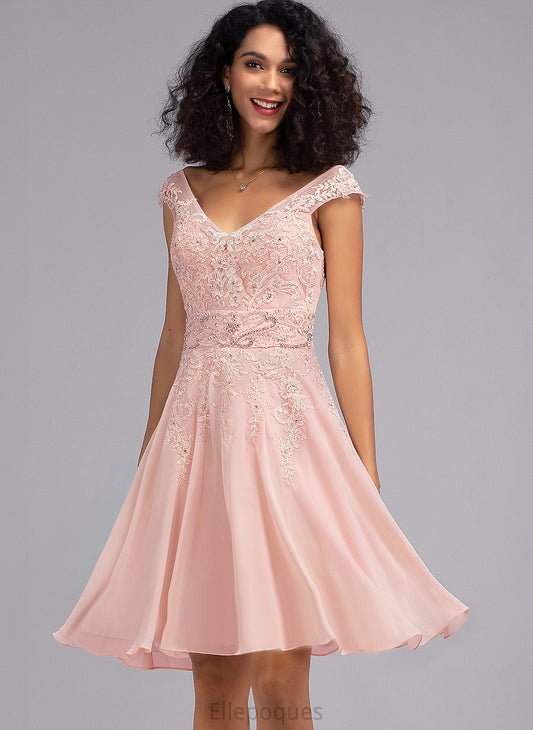 Homecoming Dresses V-neck Chiffon A-Line Beading Dress With Margaret Homecoming Knee-Length Lace