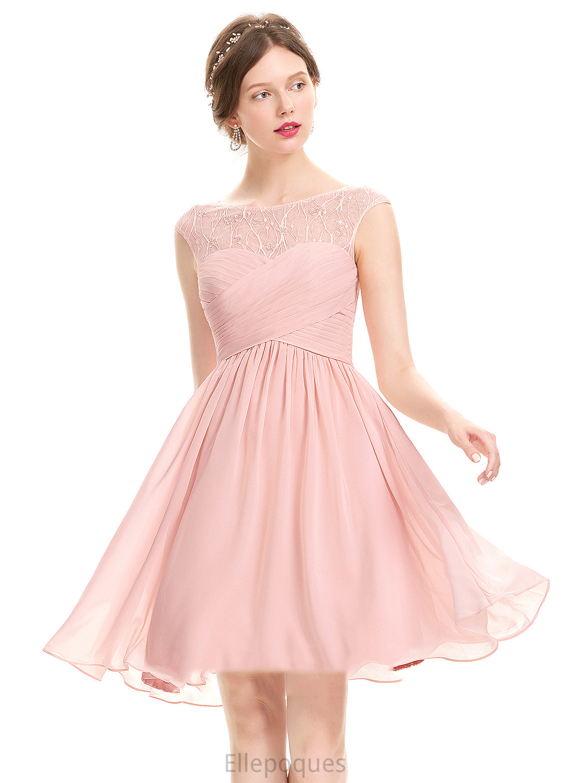 Fiona Beading Homecoming Homecoming Dresses Dress A-Line With Knee-Length Lace Ruffle Neck Chiffon Scoop