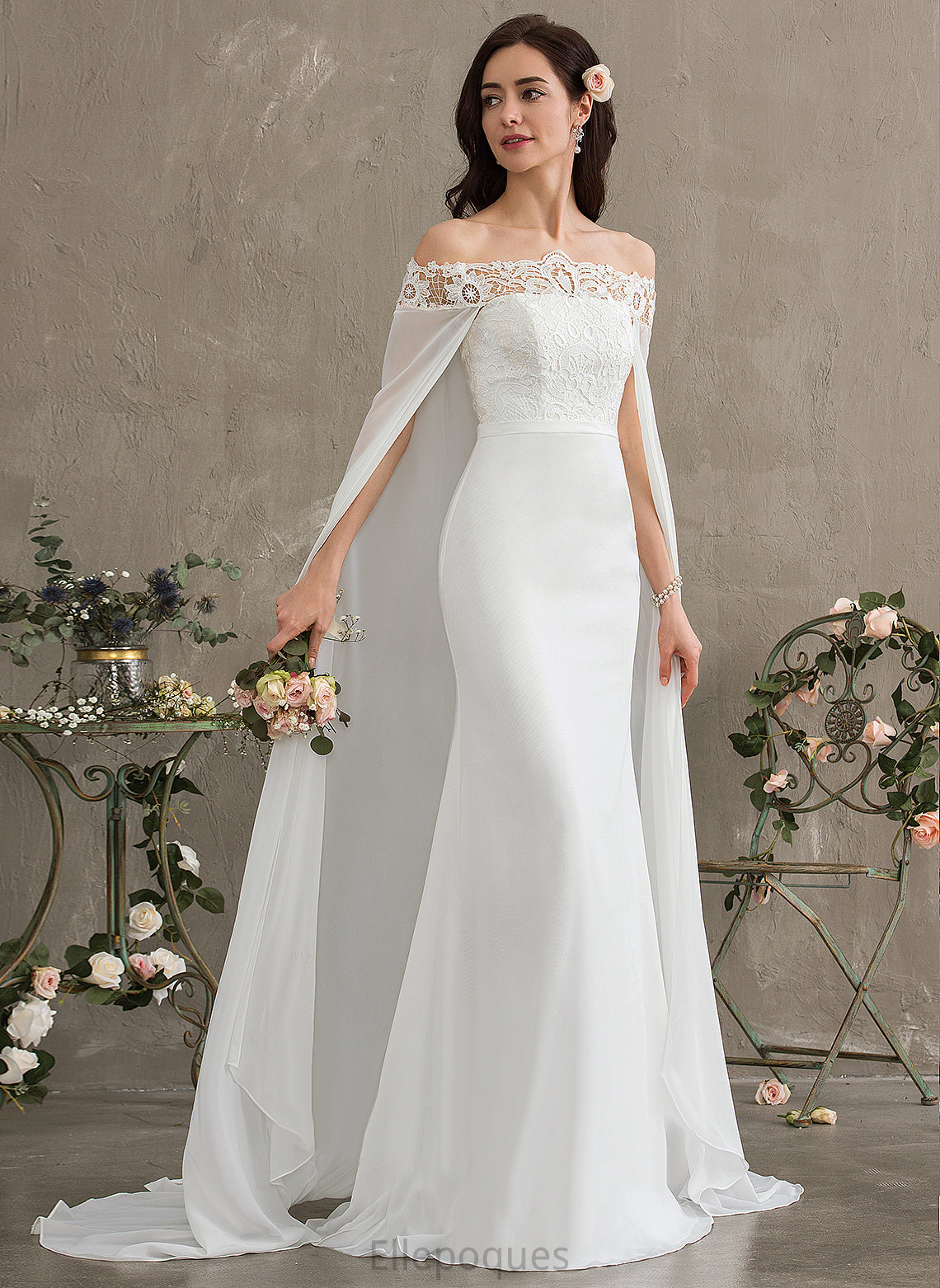 Off-the-Shoulder Lace Court Wedding Chiffon Train Lace Sheath/Column Dress Wedding Dresses With Hadassah