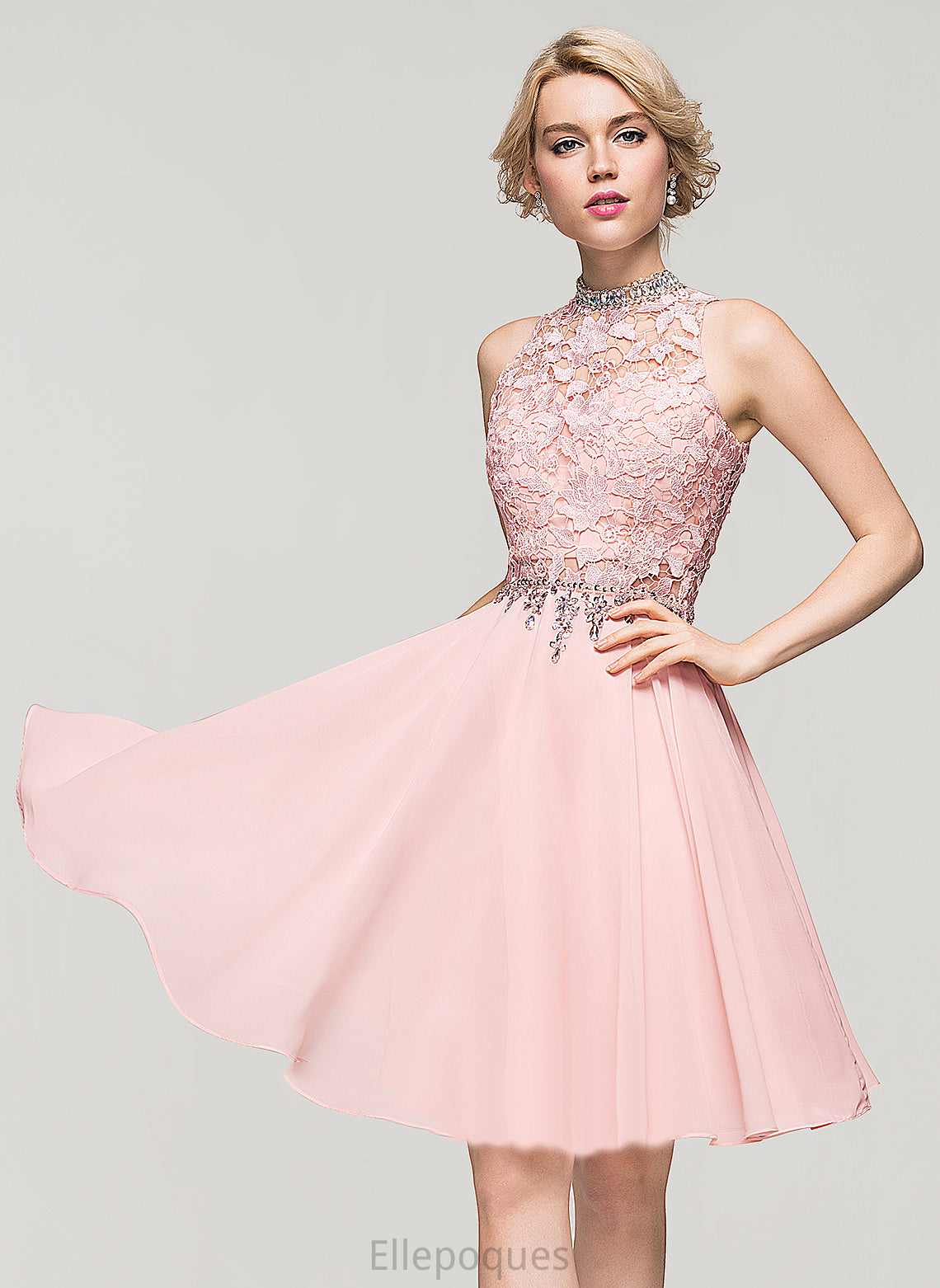 High Homecoming Dresses Chiffon With Knee-Length Beading Neck Vivian Homecoming Dress Sequins Lace A-Line