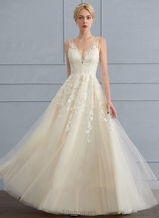 A-Line Sequins Wedding Dresses Floor-Length Lace With V-neck Tulle Estrella Beading Wedding Dress