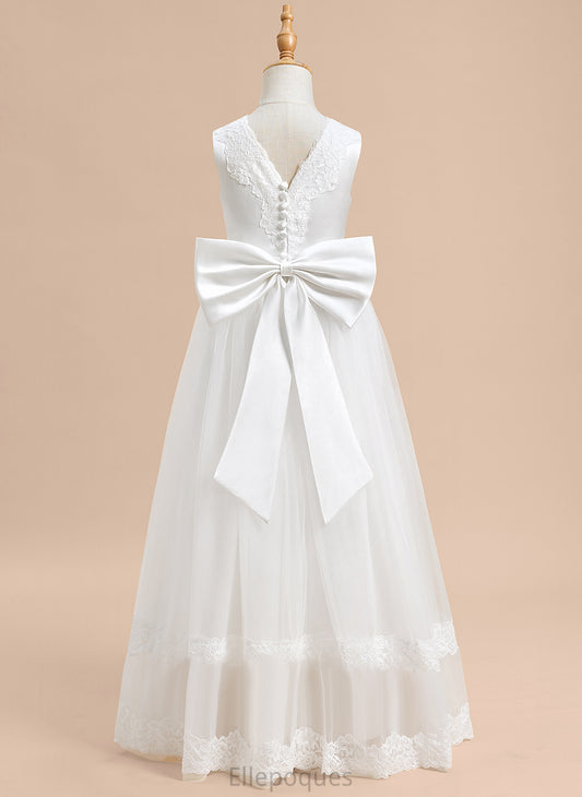 Tulle Girl - Dress Flower Girl Dresses With Flower Lace/Bow(s) V-neck Ball-Gown/Princess Athena Floor-length Sleeveless