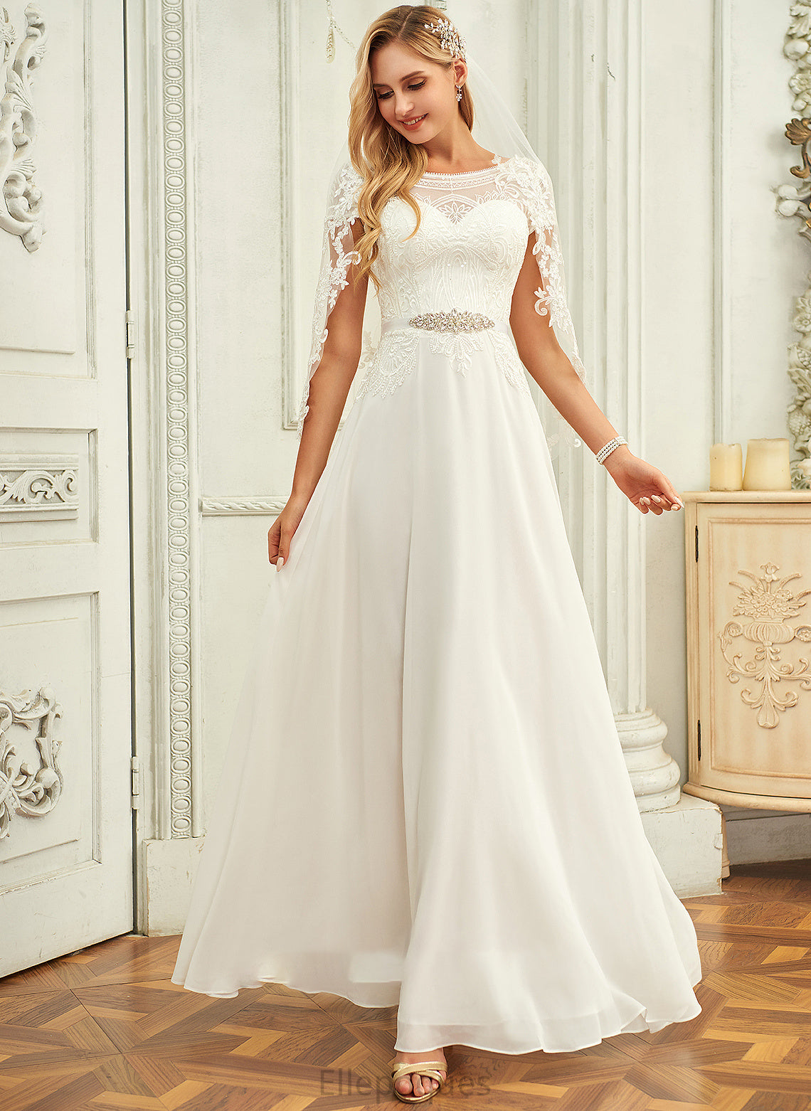 Neck Lace Floor-Length Wedding Dresses Wedding Sequins Chiffon With Scoop Dress Sloane A-Line