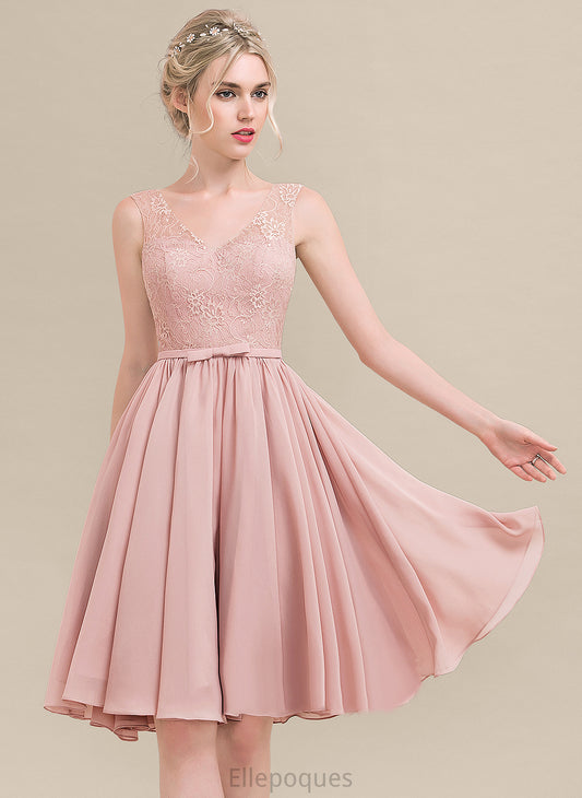 Lace A-Line Marisa Lace V-neck Homecoming Dresses With Dress Chiffon Bow(s) Homecoming Knee-Length