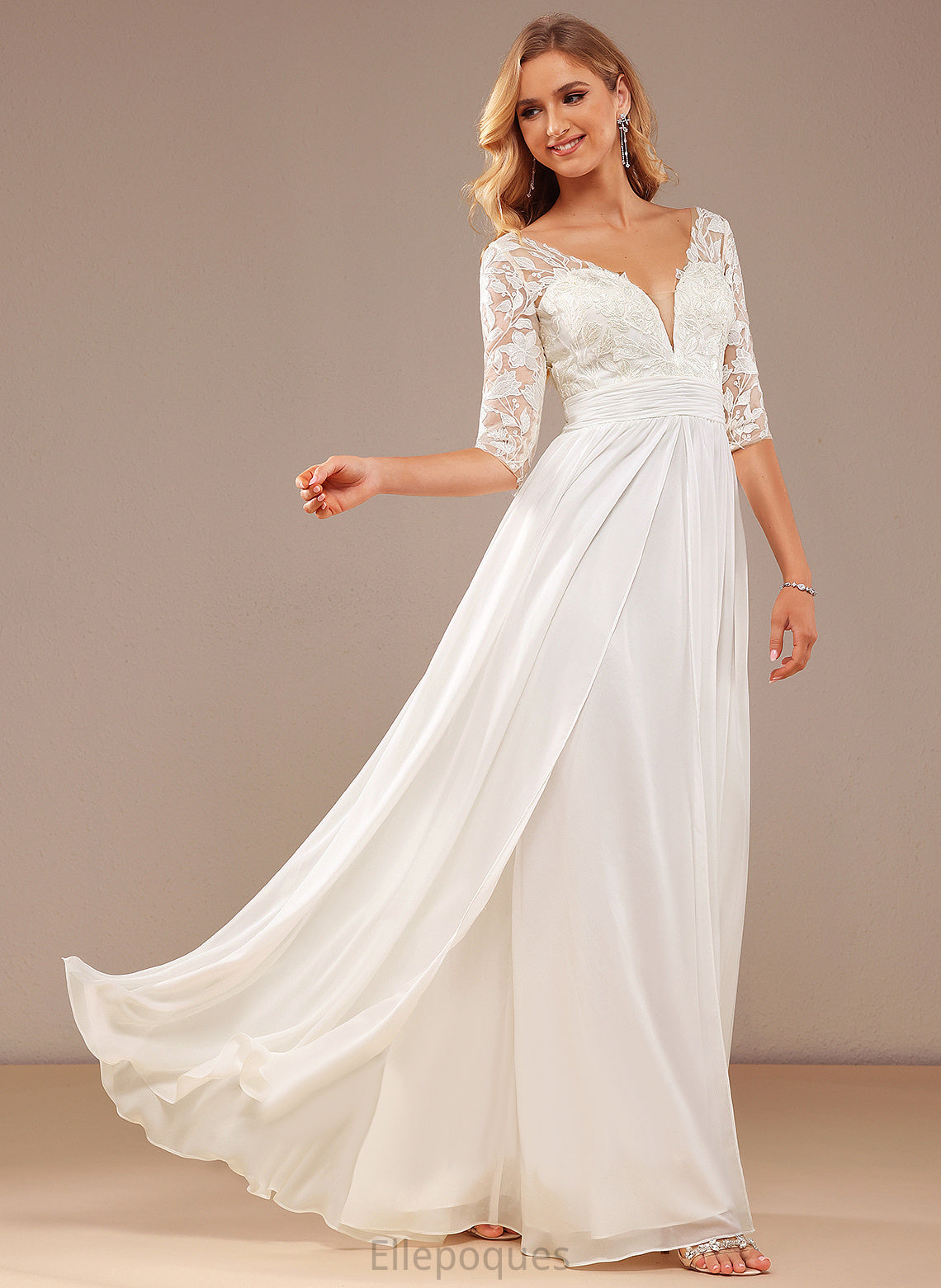 V-neck Wedding Lace Wedding Dresses Ruffle Floor-Length Norma With Dress A-Line Sequins Lace Chiffon