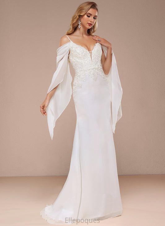 Cold Trumpet/Mermaid Shoulder Train Wedding Dresses Sweep Chiffon Dress Wedding Tia Lace