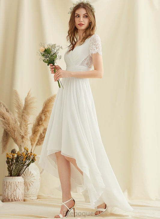 Scarlet Wedding Dresses A-Line Lace Wedding Chiffon V-neck Dress Asymmetrical