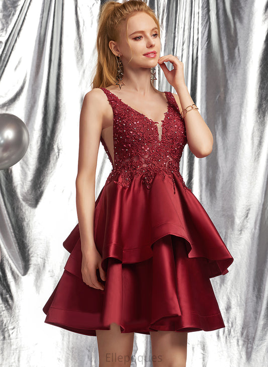 Homecoming Beading Dress Karma V-neck A-Line With Lace Sequins Satin Homecoming Dresses Short/Mini