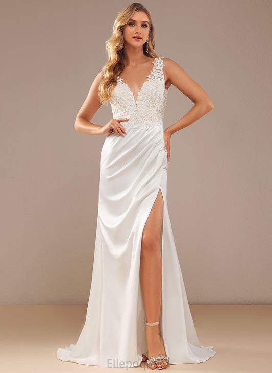 Satin Lace V-neck Wedding With Lace Sweep Train Trumpet/Mermaid Dress Kylie Wedding Dresses Ruffle