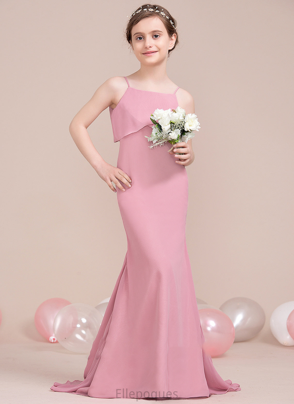 Chiffon Trumpet/Mermaid With Sweep Square Millie Junior Bridesmaid Dresses Train Cascading Neckline Ruffles