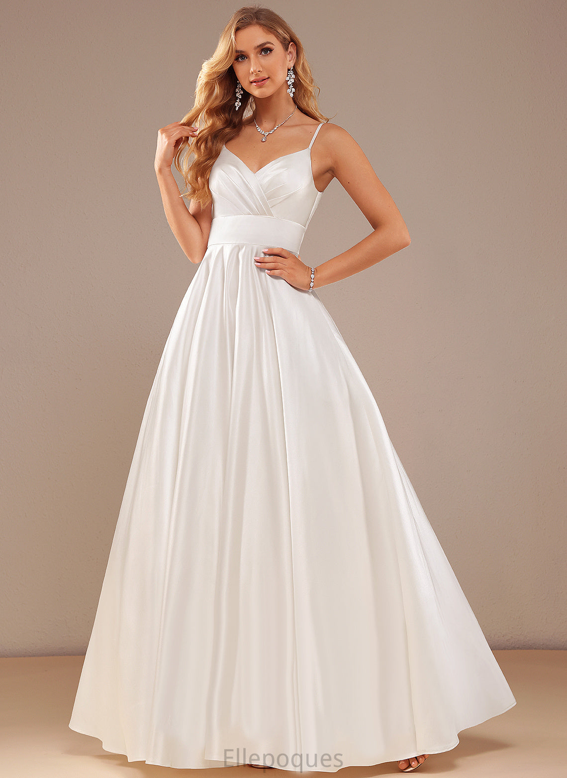 Wedding Satin Wedding Dresses Ball-Gown/Princess Floor-Length With Pockets V-neck Dress Micaela