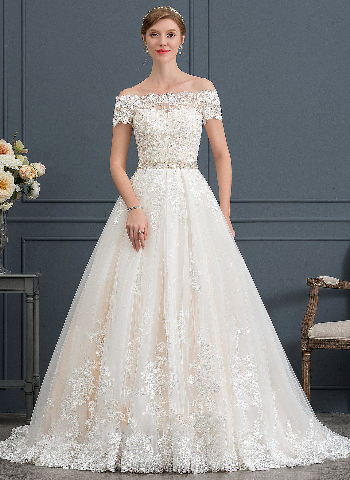 Beading Wedding Dress With Tori Ball-Gown/Princess Wedding Dresses Tulle Sequins Off-the-Shoulder Train Lace Court