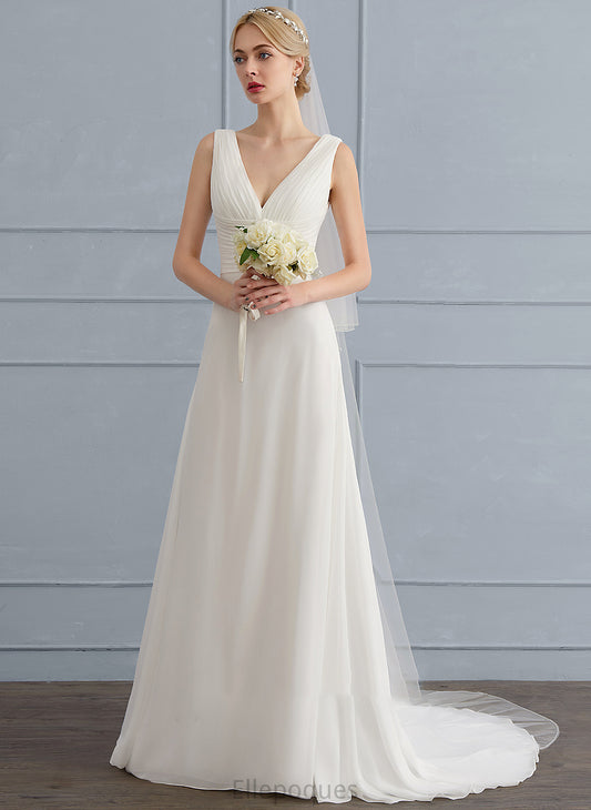 Ruffle Lia Sweep A-Line Dress V-neck Chiffon Wedding With Train Wedding Dresses