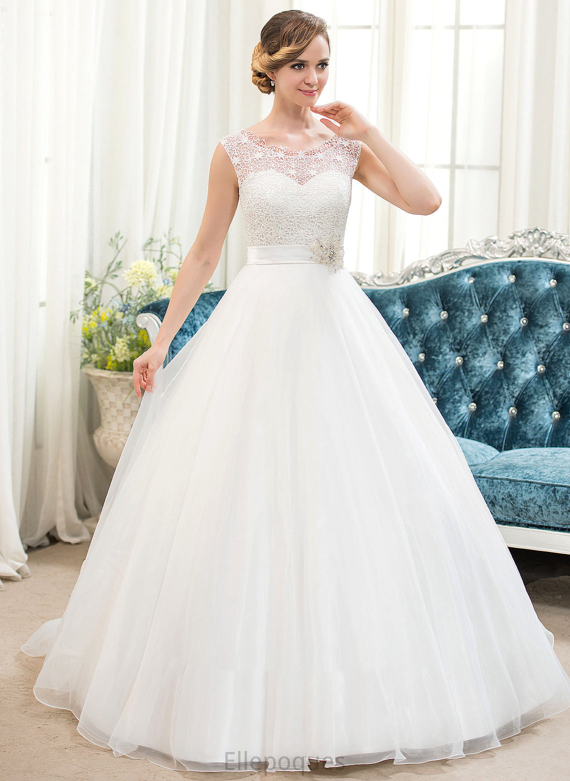 Neck With Sweep Ball-Gown/Princess Beading Organza Wedding Dresses Lace Train Dress Pearl Sequins Wedding Scoop