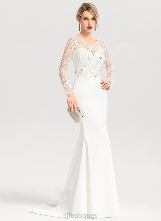 Dress Train Sweep Areli Trumpet/Mermaid Beading With Wedding Dresses Crepe Wedding Sequins Stretch V-neck