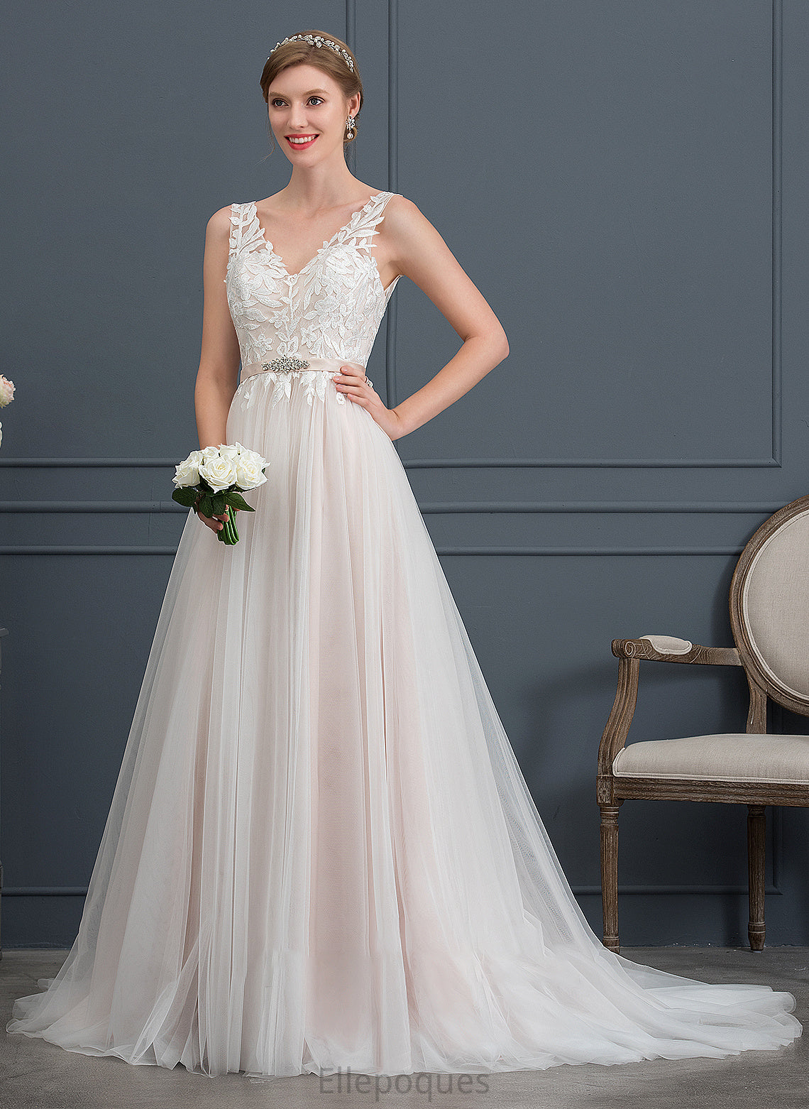 Willa Beading Tulle Wedding A-Line Train With V-neck Wedding Dresses Dress Court