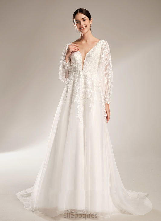 Ball-Gown/Princess Chapel Dress With Wedding V-neck Audrey Sequins Tulle Satin Train Lace Wedding Dresses