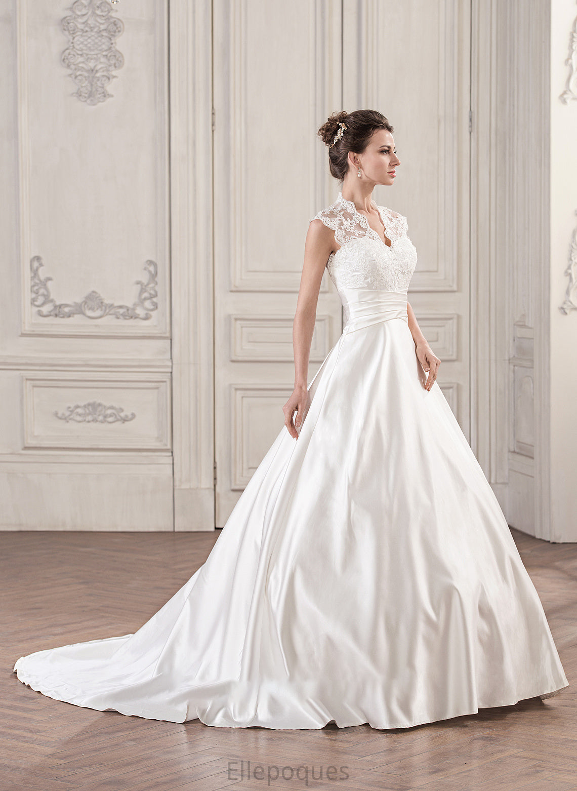 Ruffle Ball-Gown/Princess Court Lace V-neck Wedding Dresses With Satin Train Norah Wedding Dress