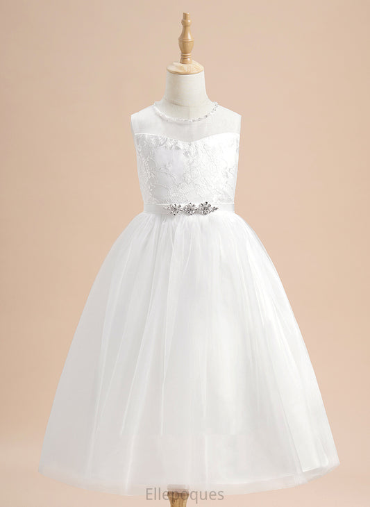 Neck - Tulle Flower Girl Dresses Sleeveless Scoop Dress With Flower A-Line Tea-length Madge Beading Girl