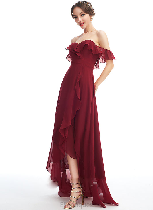 Fabric Off-the-Shoulder Ruffle SplitFront Length Asymmetrical Embellishment A-Line Silhouette Neckline Patricia Trumpet/Mermaid Bridesmaid Dresses