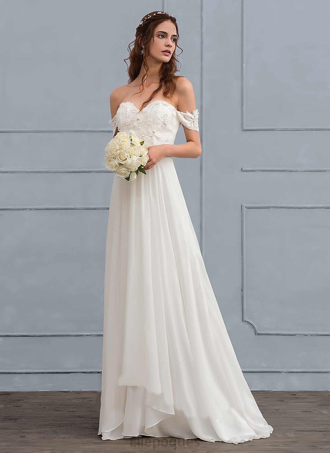 Lace Wedding Sweep Kenna Train Off-the-Shoulder Wedding Dresses A-Line Chiffon Beading With Dress Flower(s)