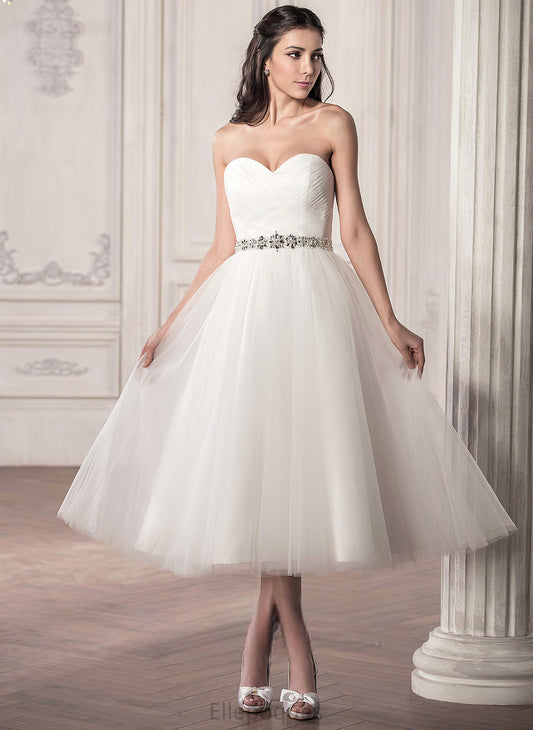 Tulle Sweetheart Satin Ruffle Wedding Wedding Dresses Tea-Length Dress With Sequins Amy A-Line Beading