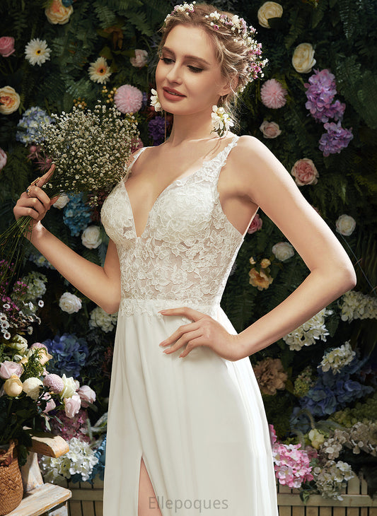 With Lace Split Wedding Dresses Chiffon A-Line Wedding Floor-Length V-neck Front Lillie Lace Dress