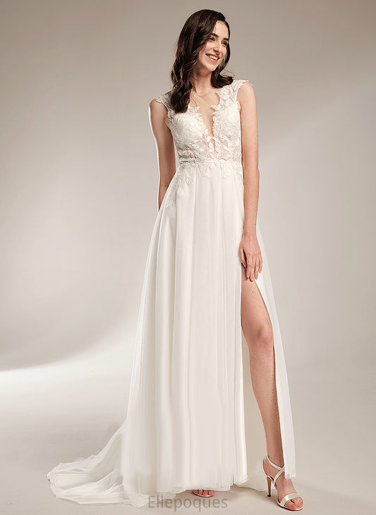 V-neck A-Line Wedding Dresses Monique Lace Court Train Tulle Wedding With Dress Sequins