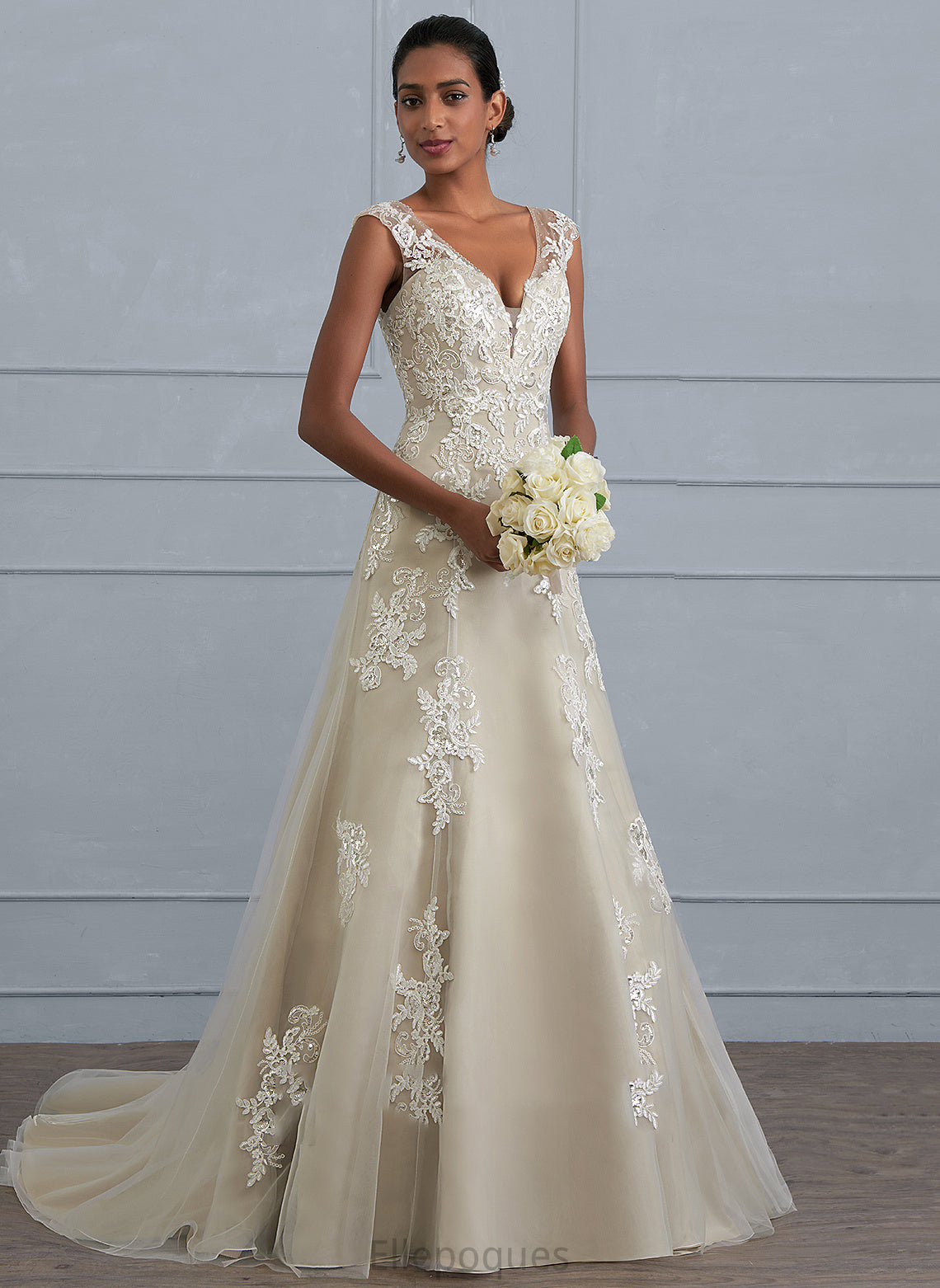 Court Beading Lace Janey Sequins V-neck Tulle Wedding Dress With Train Wedding Dresses A-Line