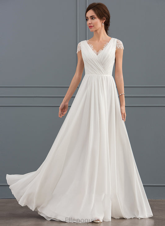 With Wedding Dresses V-neck Wedding Floor-Length Dress Lace Chiffon Ruffle A-Line Destiny