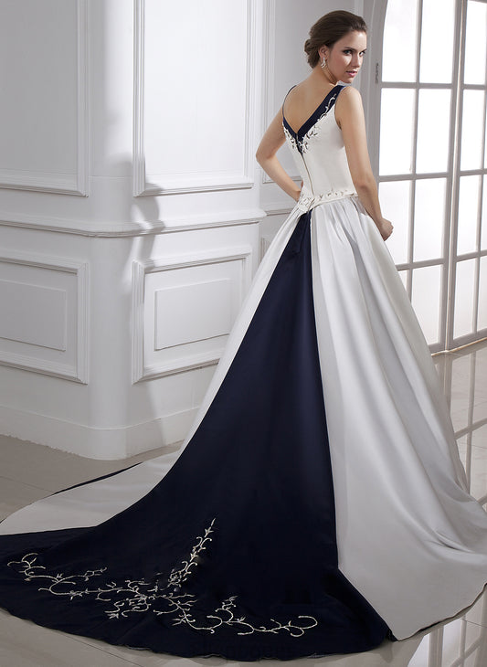 Chapel Embroidered Wedding Satin Sequins With Beading Ball-Gown/Princess Emelia Train Wedding Dresses V-neck Dress