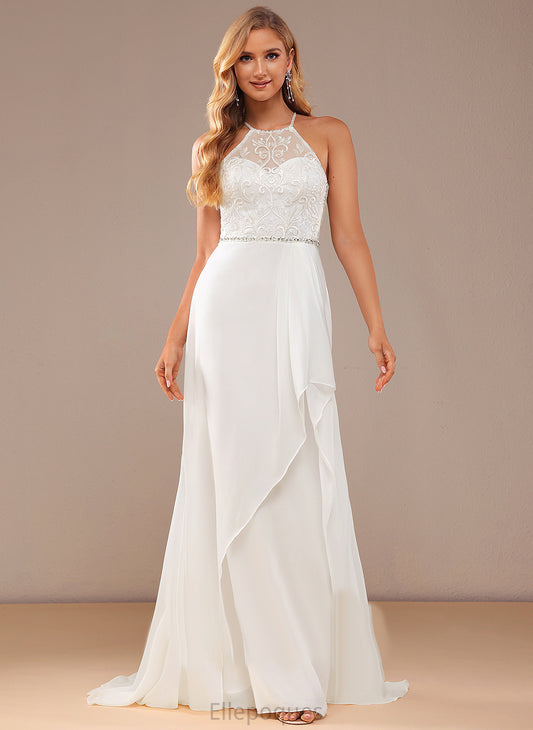 Sweep Wedding Dresses With Neck Train Sequins Lace Sydnee High Wedding A-Line Chiffon Beading Dress Lace