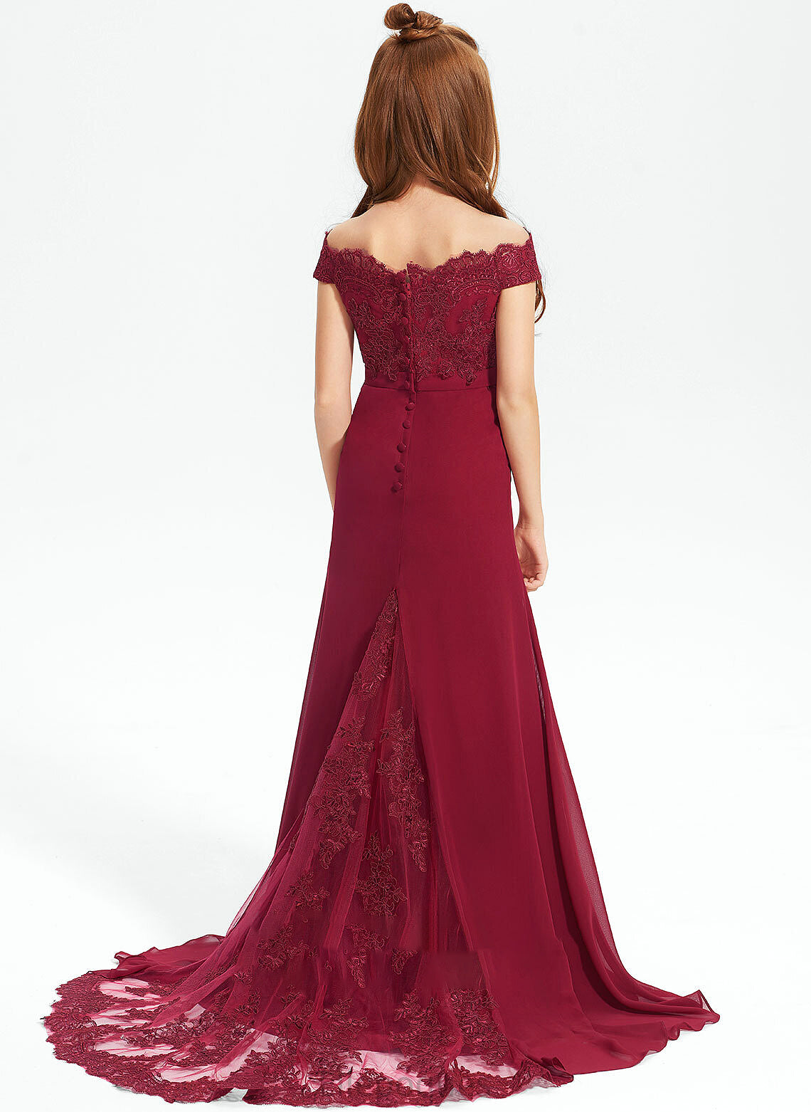 Lace Trumpet/Mermaid Macy Train Off-the-Shoulder Junior Bridesmaid Dresses Chiffon Court