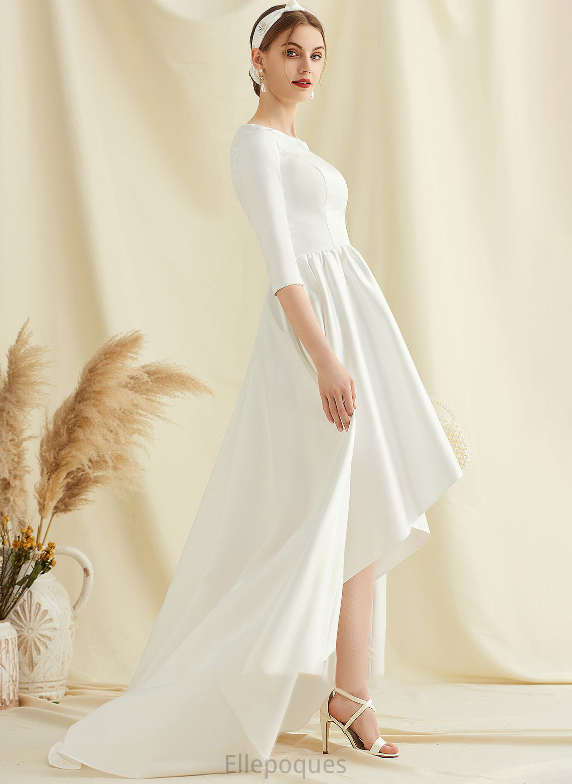 Wedding Dresses A-Line Neck Nyla Scoop Satin Wedding Asymmetrical Dress With Pockets