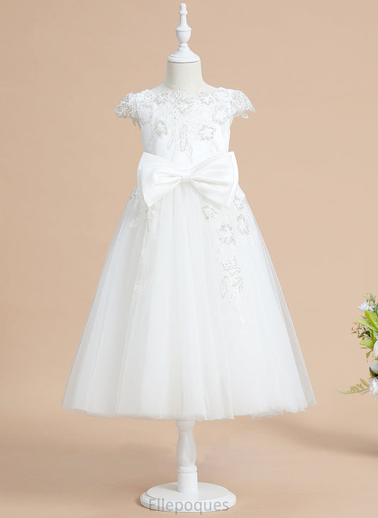 A-Line - Short Girl Mattie Dress Flower Scoop Sleeves Tea-length With Tulle/Lace Sequins/Bow(s) Flower Girl Dresses Neck
