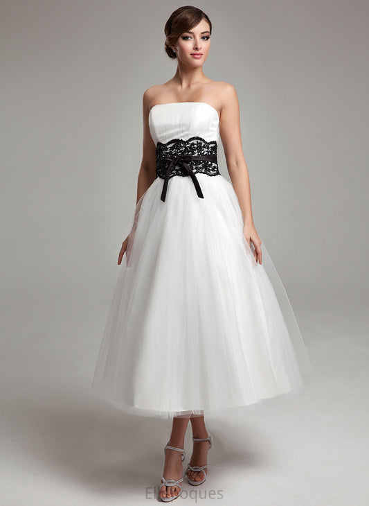 Wedding Wedding Dresses Strapless Beading Tea-Length Tulle Satin With Sash Bow(s) Ball-Gown/Princess Dress Lace Tania