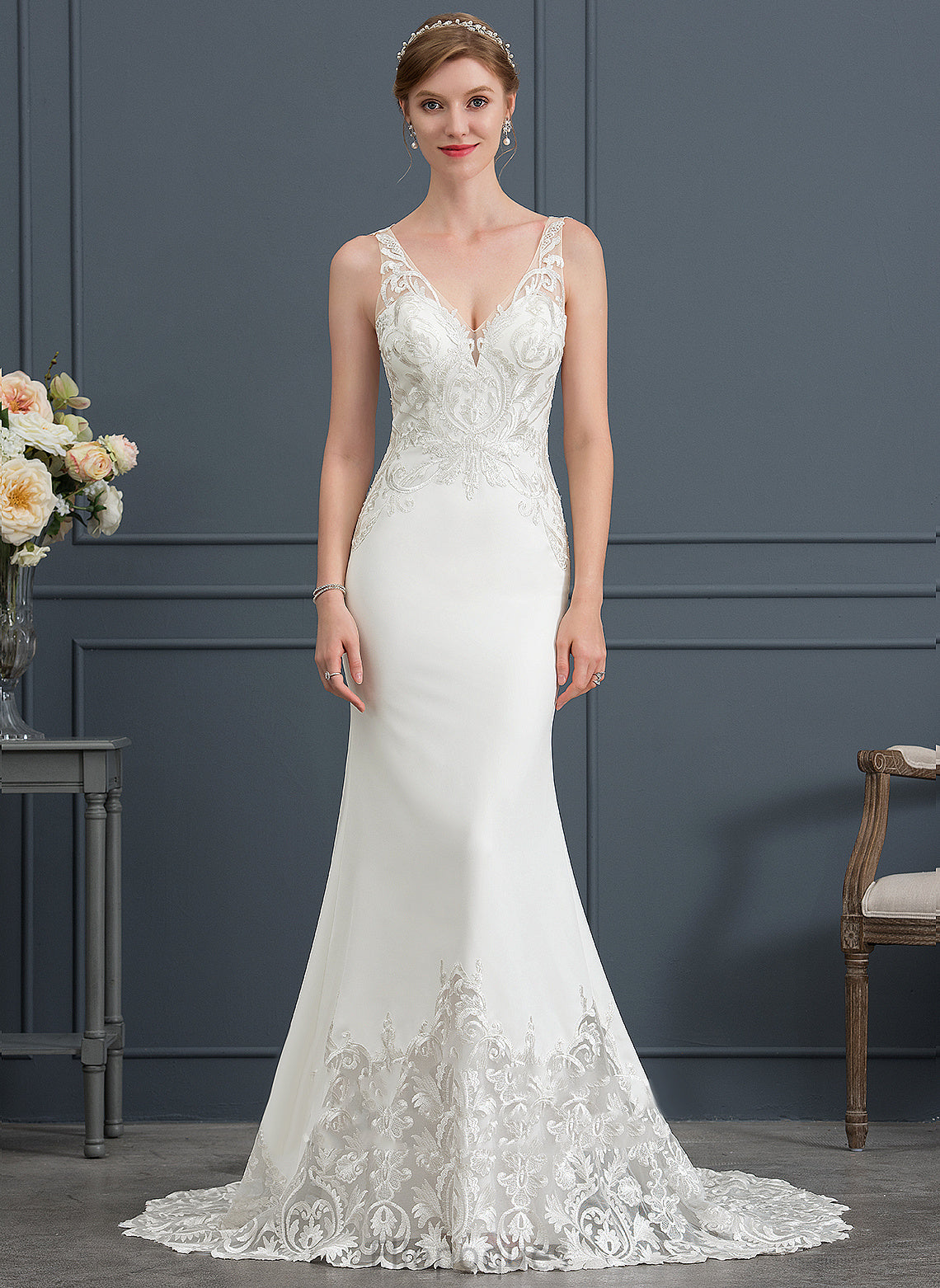 Crepe Train V-neck Lace Stretch Ashlyn Dress Court Trumpet/Mermaid Wedding Wedding Dresses