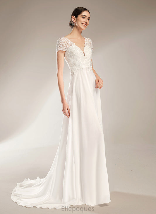 Dress With Lace A-Line Wedding Dresses Court V-neck Wedding Train Bow(s) Chiffon Caylee