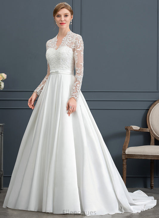 Court V-neck Dress Ball-Gown/Princess Satin Wedding With Wedding Dresses Bow(s) Train Jazmyn