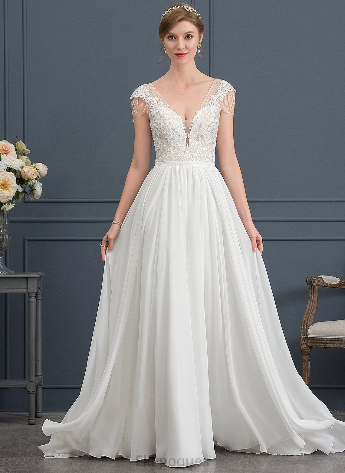 A-Line Wedding Dresses With Wedding Dress Train Beading Sweep Sequins Skyla Chiffon V-neck