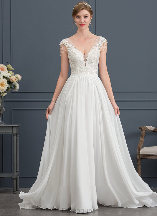 A-Line Wedding Dresses With Wedding Dress Train Beading Sweep Sequins Skyla Chiffon V-neck