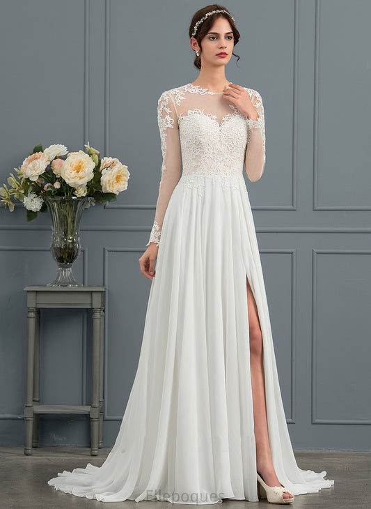 Wedding Dresses Sweep A-Line Train Illusion Appliques Harley Chiffon With Split Dress Wedding Front Lace