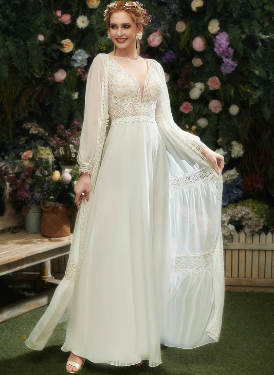 Pamela Wedding Chiffon A-Line Dress Wedding Dresses Floor-Length Lace V-neck With Sequins