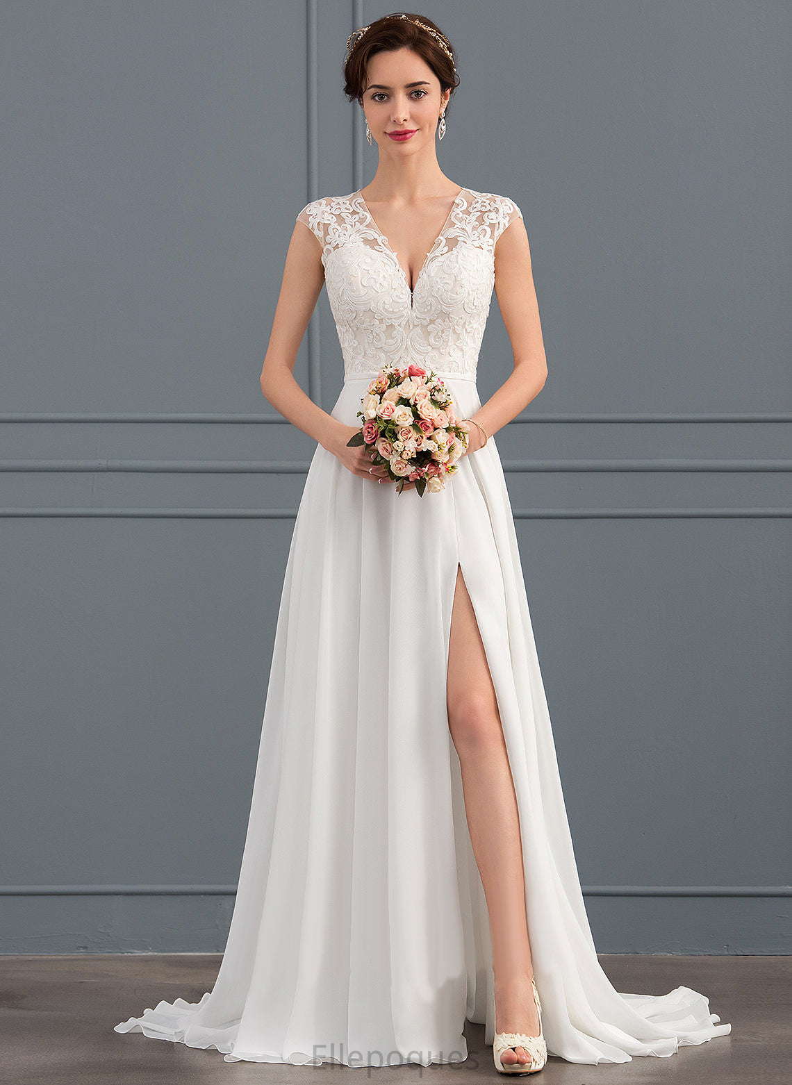 Train Sweep Wedding Chiffon Split With Wedding Dresses Heaven A-Line Front V-neck Dress Lace