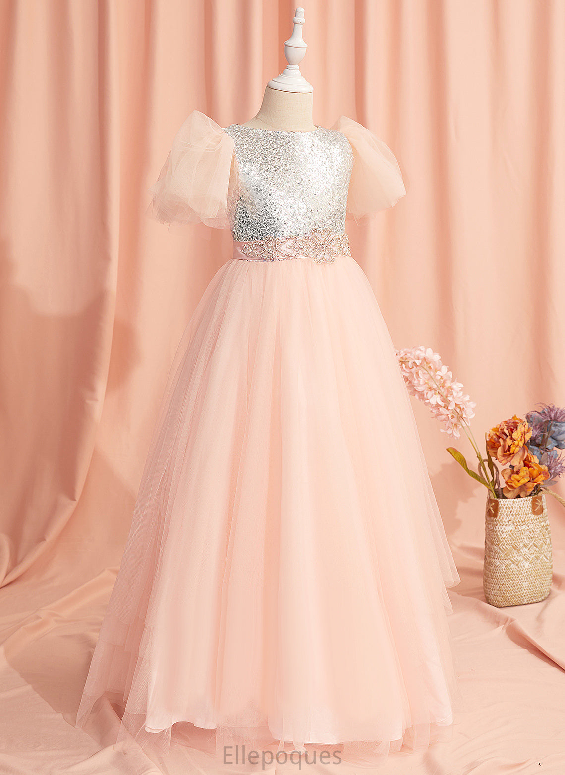 Ball-Gown/Princess Beading/Sequins/Bow(s) Tulle/Sequined Sleeves Neck Flower Floor-length Short With Scoop Girl Deja - Flower Girl Dresses Dress